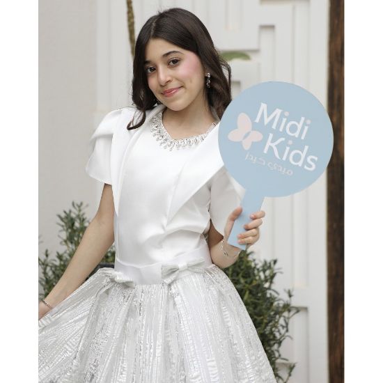 صورة طقم بناتي تيور لمعة رصاصي بفيونكة وأكمام مبتكرة واكسسوار رقبة - M3793